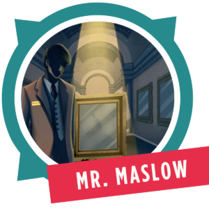 Logo AGO in Teal. Con ambientazione museo. Scritta Mr Maslow