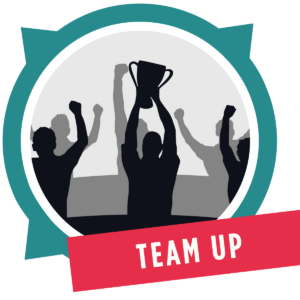 Logo AGO in teal con al centro persone che alzano una coppa. Scritta TEAM UP. 