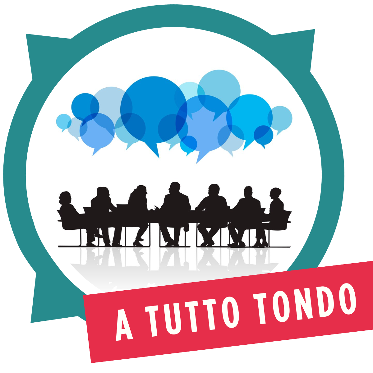 Logo AGO in teal. Al centro riunione di persone. Scritta: A tutto tondo. Imprese.